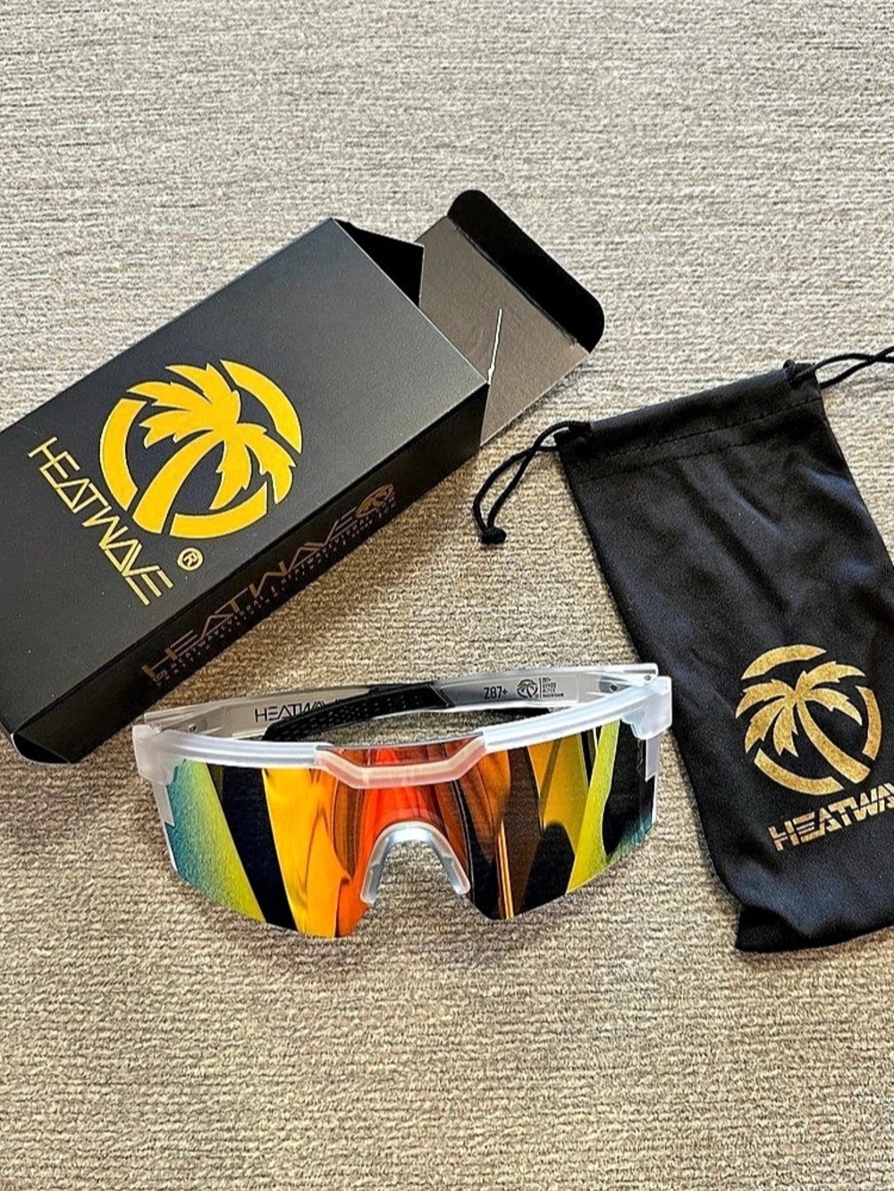 Wraparound Sport Sunglasses – White Frame, Red Mirror Lens, with Box & Pouch